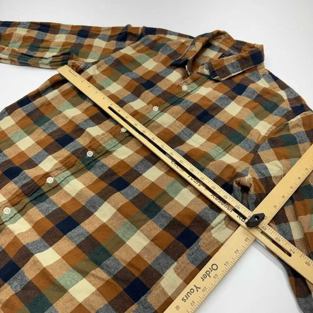 Mens J Crew Flannel Soft Orange Blue Tan Plaid Button Up Shirt Size Large
